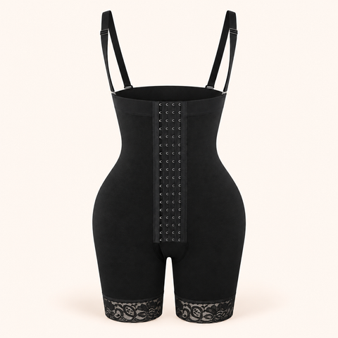 Black faja front view with hook closure and lace hems