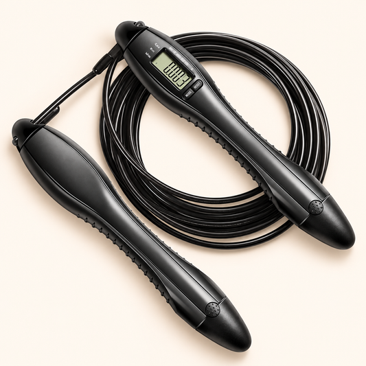 Black digital jump rope with coiled cord on a cream background