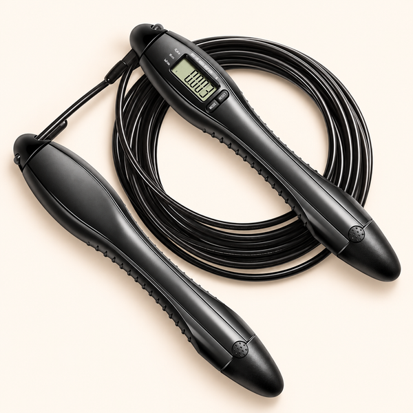 Black digital jump rope with coiled cord on a cream background