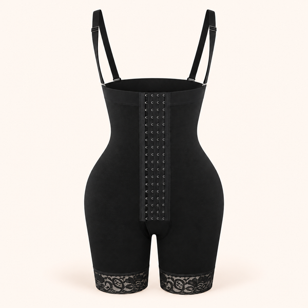 Black faja front view with hook closure and lace hems