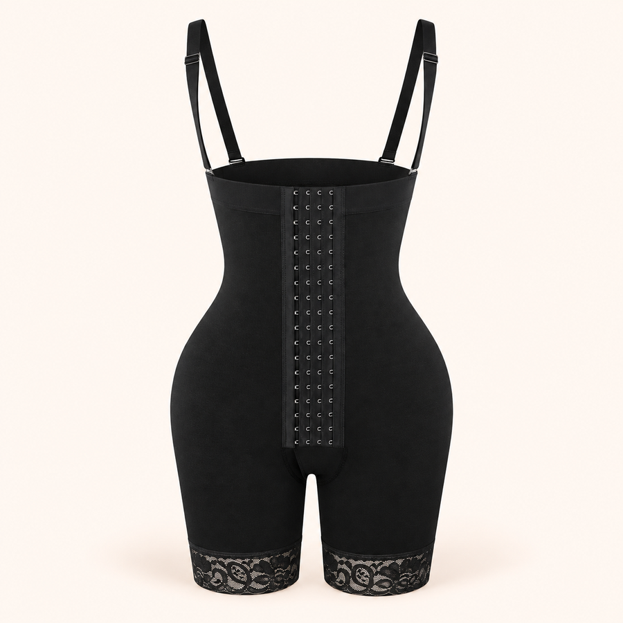 Black faja front view with hook closure and lace hems