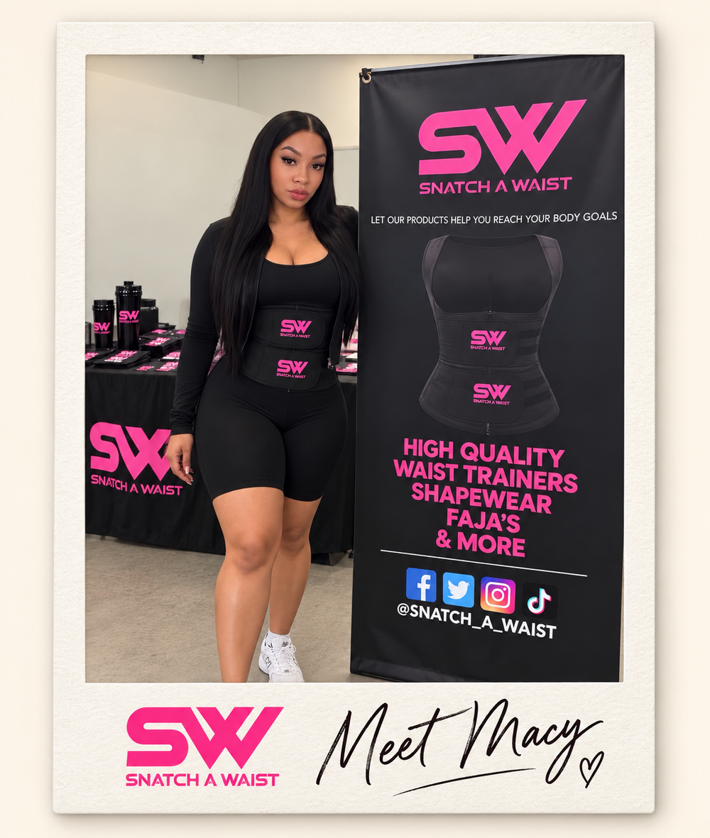 Macy, founder of Snatch A Waist, beside her product display in a branded Polaroid frame