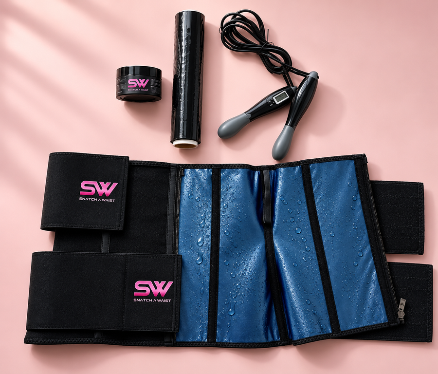 Sauna Belt with blue interior, Sweat Gel, Body Wrap and Digital Jump Rope on a blush background; water droplets are illustrative styling