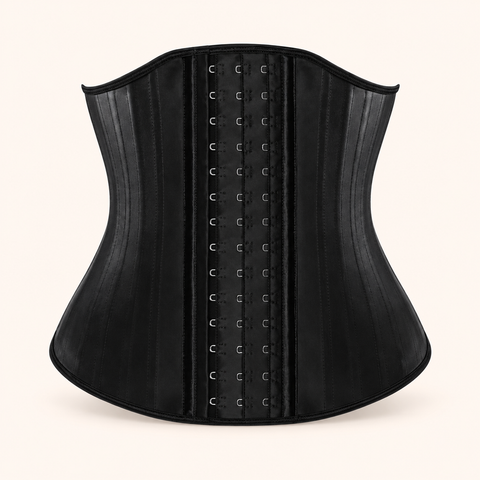 Waist Sculptor black corset with hook-and-eye closure, front view