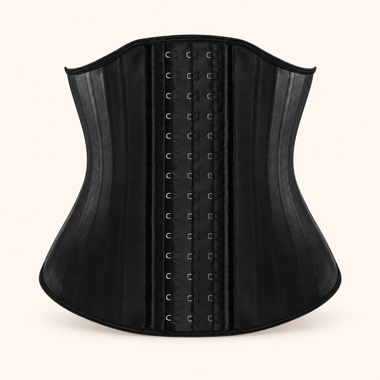 Waist Sculptor black corset with hook-and-eye closure, front view