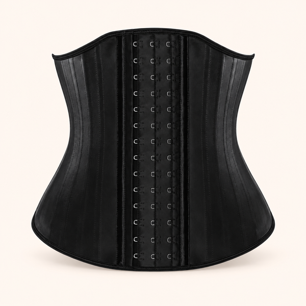 Waist Sculptor black corset with hook-and-eye closure, front view