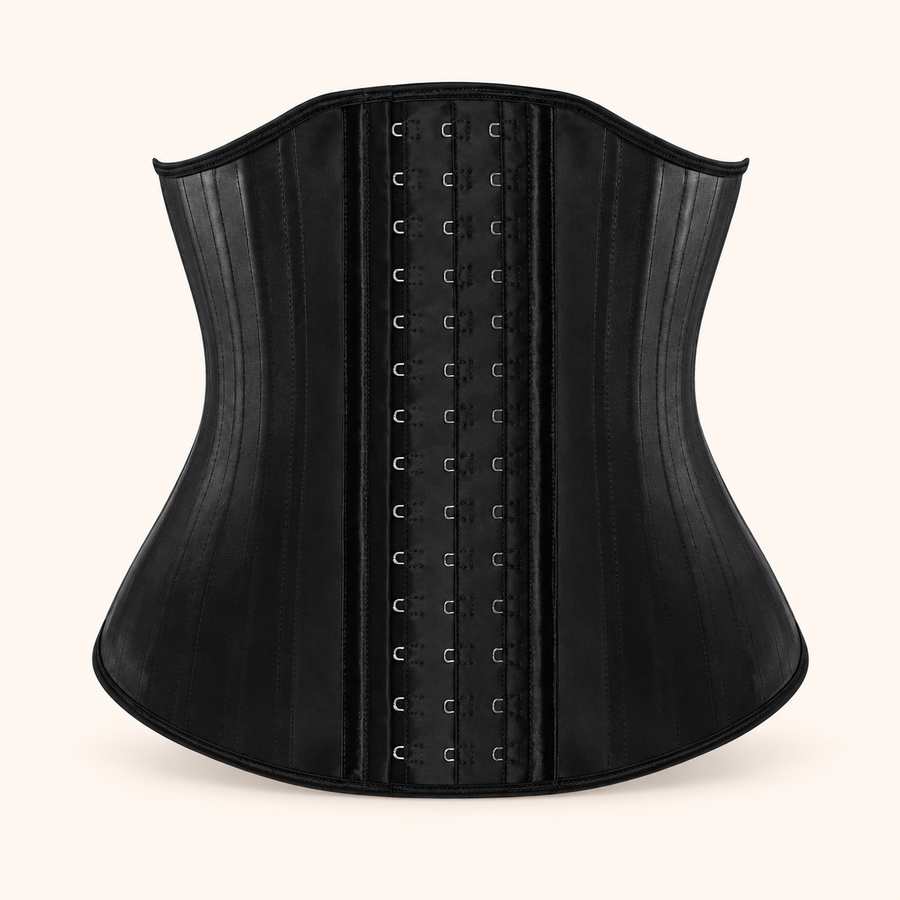 Waist Sculptor black corset with hook-and-eye closure, front view